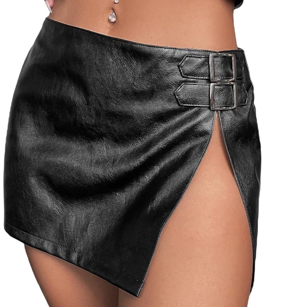 Verdusa Women's High Waist Split Thigh PU Black Leather Mini Bodycon Skirt